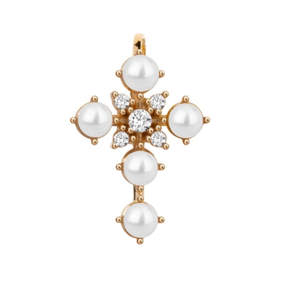 Pingente Cruz com Pérolas e Pedras
